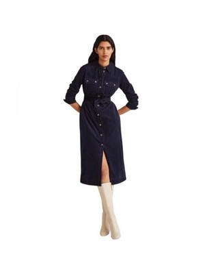Boden Corduroy Midi Shirt Dress Green Button Front Belted Size 12P US | eBay