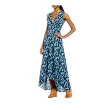 H Halston Boho Coastal Resortwear Watercolor Print Wrap Maxi Dress Small