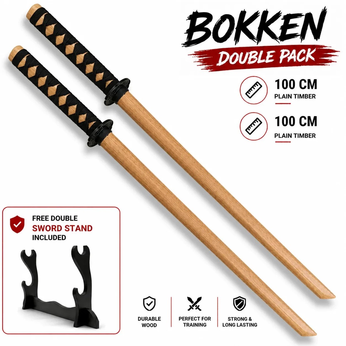 2x 100cm Plain Wooden Daito Bokken Kendo Samurai Katana Practice