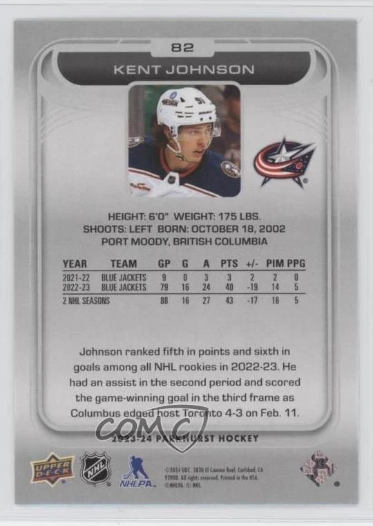 2023-24 Upper Deck Parkhurst Pink Foil /50 Kent Johnson #82 - Image 2 of 2