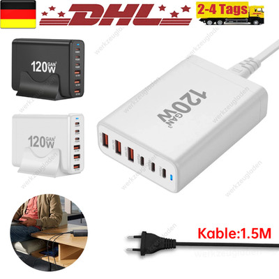 120W GaN USB C PD Ladegerät EU Stecker 6 Ports Schnellladegerät Handy 1.5m Kable