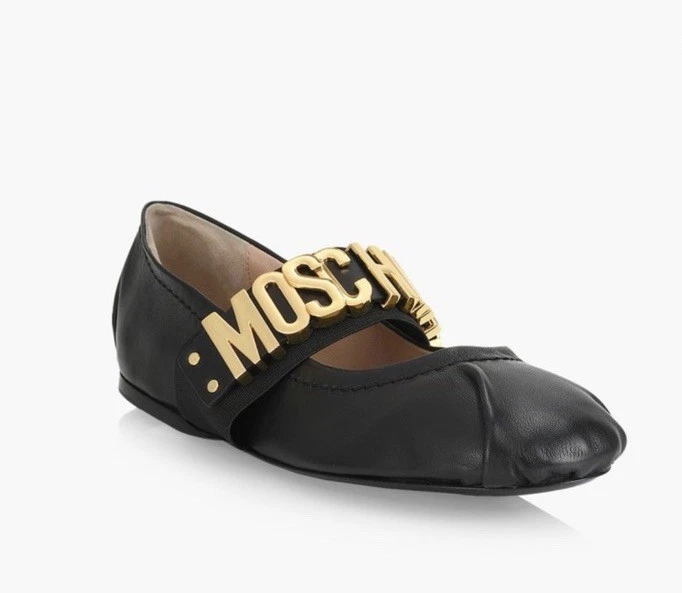Moschino Couture Leather Ballet Flats With Gold/ Metal Lettering Logo Sz 37 WOB - Image 2 of 4