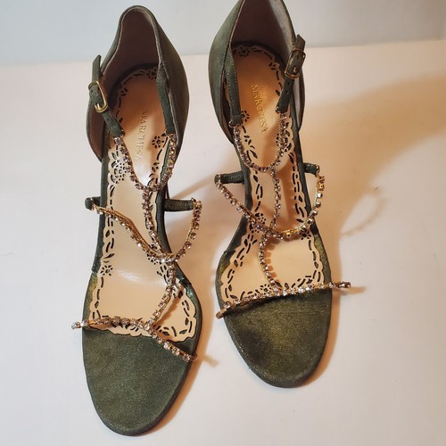 Marchesa Womens Stiletto Heels Strappy Green Suede Shimmer Rhinestones Sz 38.5 - Picture 4 of 15