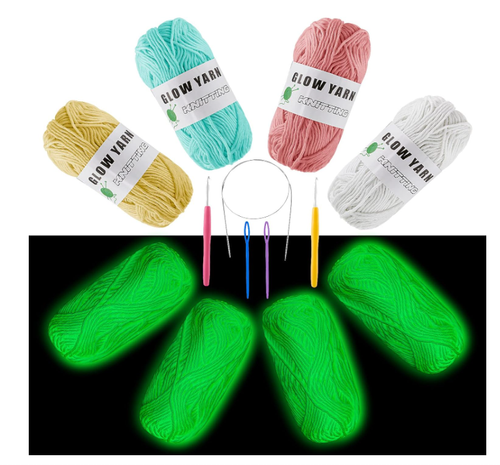 4 Rolls Glow in The Dark Yarn Crochet Hook 55Yards White, Blue, Yellow, Pink New