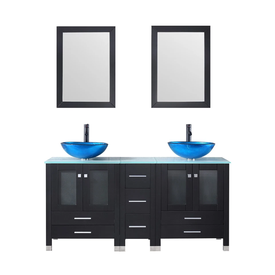 Tocador de baño doble independiente de 60 pulgadas con tapa de vidrio juego de dos lavabos Foto 2 de 4