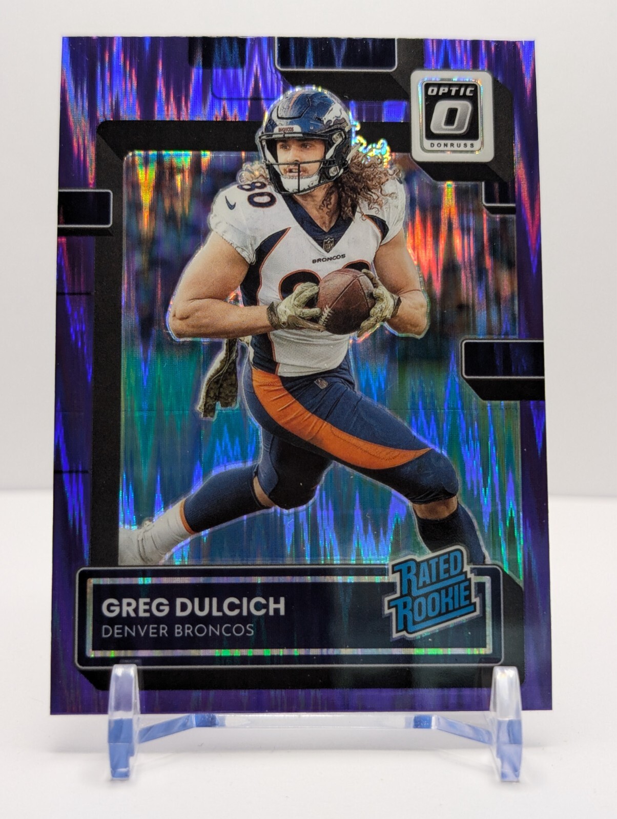 2022 Donruss Optic Greg Dulcich #288  Rated Rookie Purple Shock