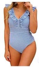 Blooming Jelly Womens Striped Ruffle One Piece Swimsuit V Neck High Rise Bathing