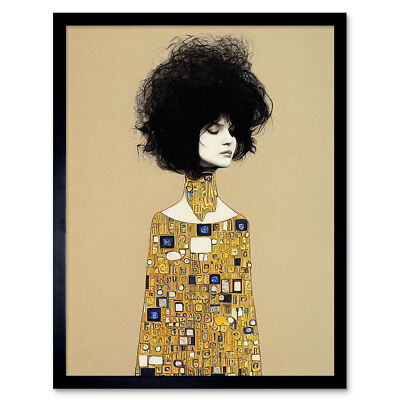 Klimt Style Retro Boho Afro Hair Gold Dress Framed Wall Art Picture Print 9X7 In