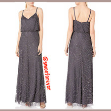 NEW Adrianna Papell Art Deco Beaded Blouson Gown in Gunmetal SZ 10  M1