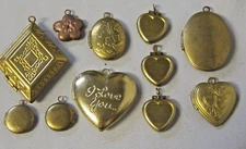 11 VTG MODERN LOCKETS HUGE LOT BRASS FINDINGS FLOWER HEARTS NOS PENDANTS CHARMS