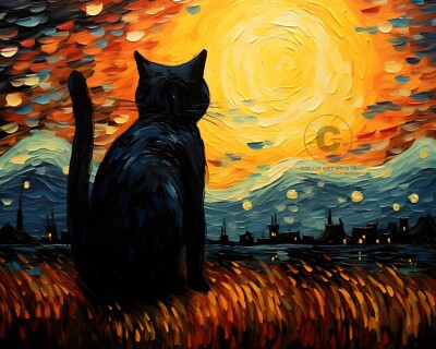 Black Cat Watching Sunset Over His Hometown Giclée Art Print