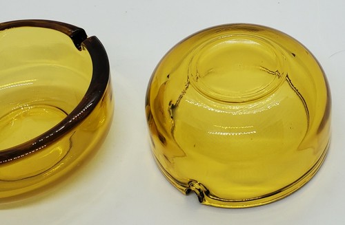 2 Slot Amber Yellow Art Glass 3.75" Ashtrays Set of 2 Mid Century Modern EUC - Picture 2 of 7