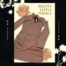 PrettyLittleThing Dusty Rose Corset Style Long Sleeve Mini Dress Ruched Size 0