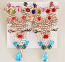 2.5" NEW BETSEY JOHNSON PEARL & RHINESTONE REINDEER CHRISTMAS DANGLE EARRINGS