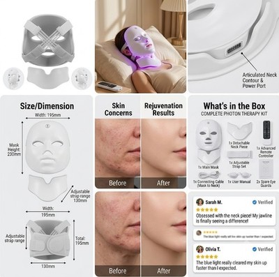 7 Color LED Facial Mask Photon Light Therapy Acne Skin Rejuvenation Neck Care