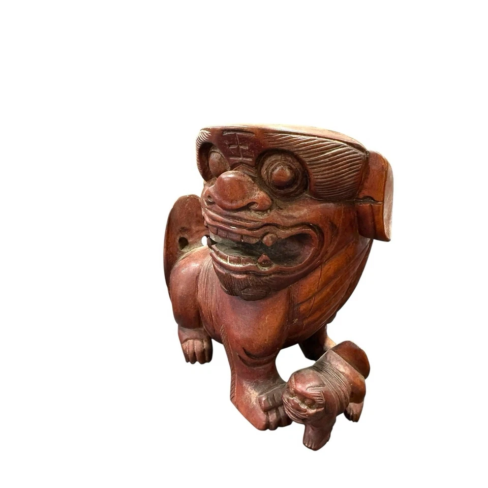 "Par de perros FOO chinos de hierro macho con bola y hembra con cachorro antiguo de 6"" de alto" Foto 4 de 4