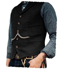 Mens Suit Vest Waistcoat Tweed Retro V Neck Wool Herringbone for Medium Black