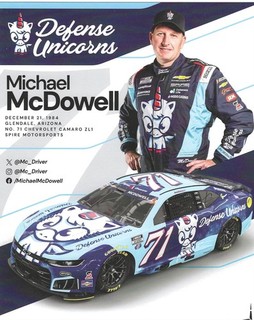 NEW! 2026 MICHAEL McDOWELL #71 NASCAR CUP "DEFENSE UNICORNS" SPIRE POSTCARD!!