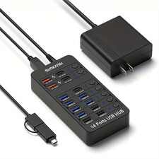 14-In-1 Powered USB Hub, USB Data Hub LED Individual On/Off USB 3.0, USB 2.0, US