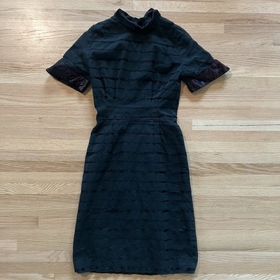Vintage Irene Karol Black Dress Petite XS Stripe Texture Midi Mock Neck 40s 50s