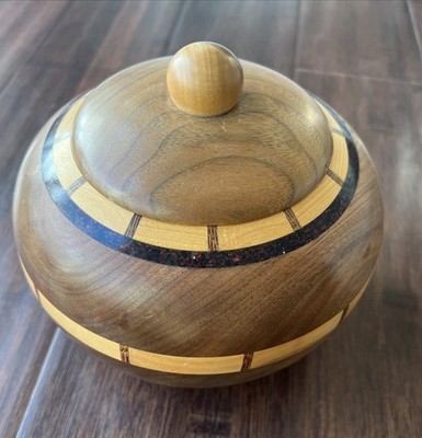 Maple And Black Walnut Wooden Jar Vessel Vase Container W/Lid