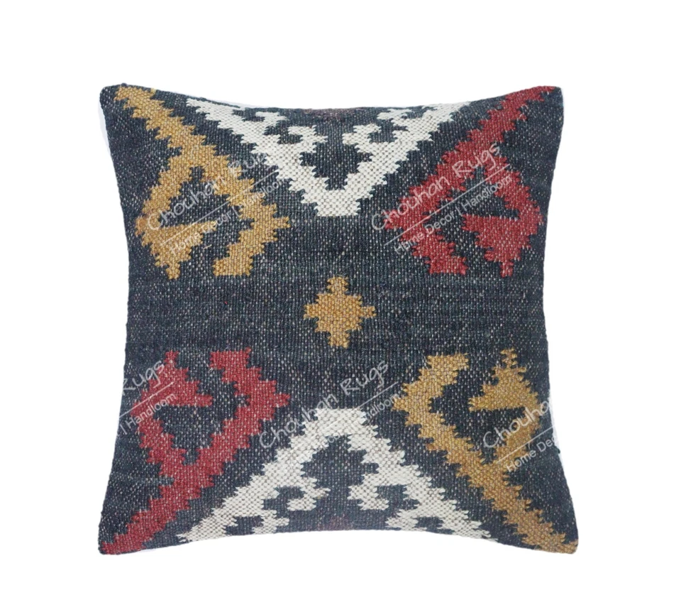 Juego de 4 fundas de cojín multicolores alfombras kilim de yute tejidas a mano almohada tribal Foto 3 de 4
