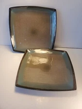 GIBSON Square DINNER Plates Taupe & Blue Tequesta By Gibson Elite  SET OF 2