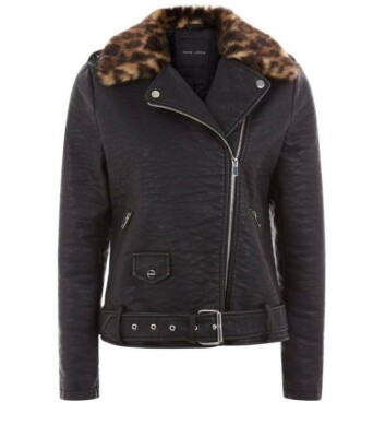 Black Leather Moto Jacket With Faux Fur Collar NEW LOOK Black