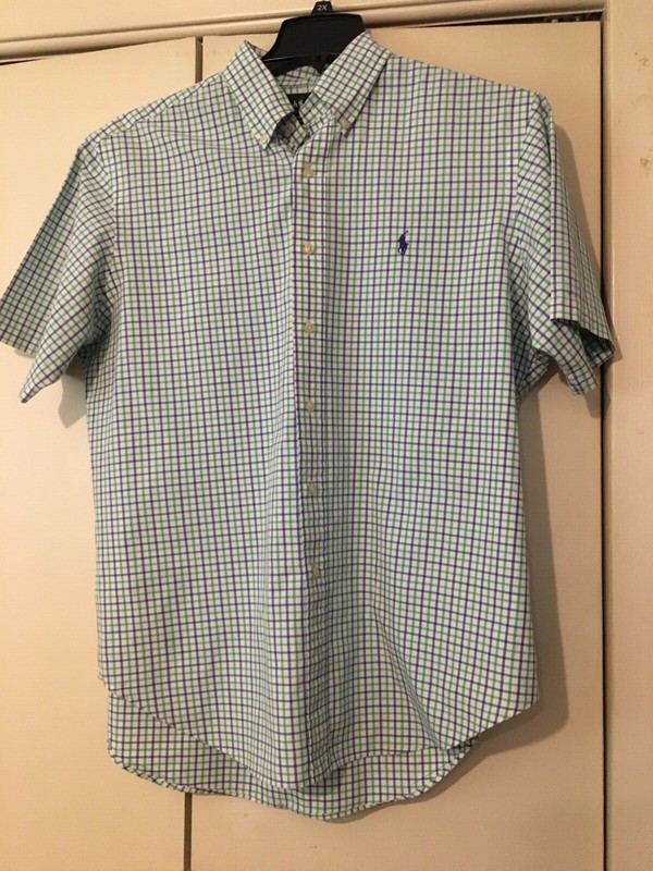Men's Polo Ralph Lauren Green Blue Plaid Short Sleeve Button Down, Size L