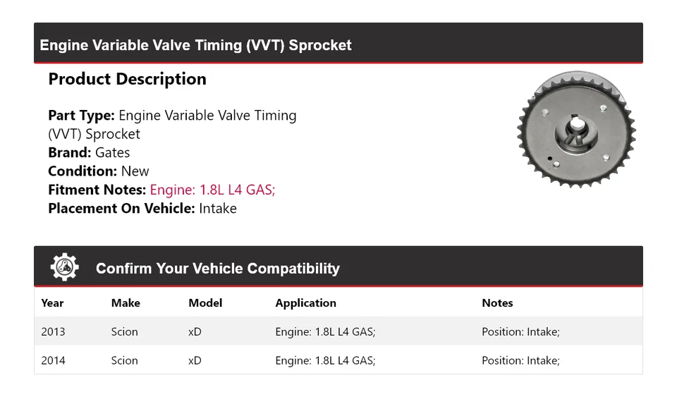 For 2013-2014 Scion xD 1.8L L4 GAS Engine VVT Sprocket Intake Gates - Image 2 of 4