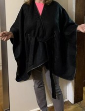 NWT Women s Black Wrap Poncho Shawl Belted Cape Open Front One Size Cozy R105