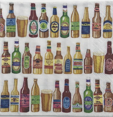 two Individual paper beverage Decoupage napkins Beer Bottles Party Liquor Blue