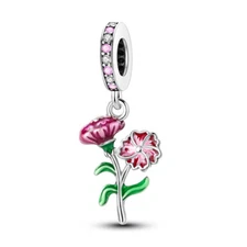 MULA European Fine 925 Silver Charm Pink CZ Enamel Carnation For Women Bracelet