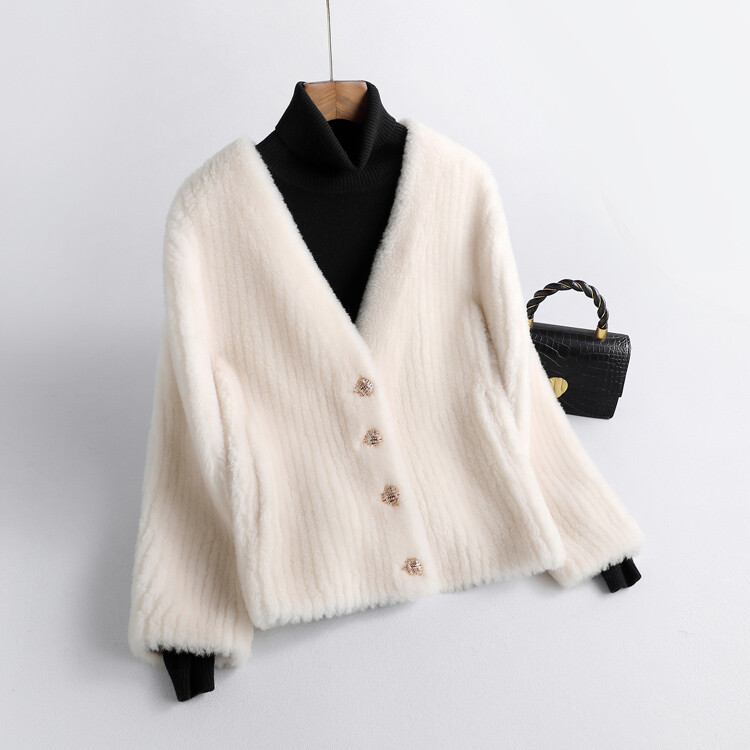 Women's V-Neck Shearling Parka Coat Short Single Breasted Fashion Jacket