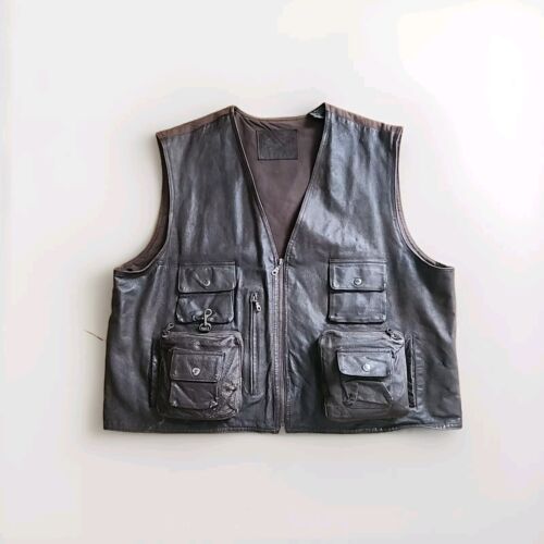 St John’s Bay Brown 100% Leather Men’s Fishing Biker Vest Big Regular 2x - Picture 2 of 16