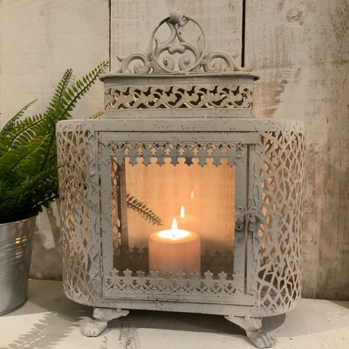 White Metal Glass Lantern Vintage Antique Candle Moroccan Garden Shabby