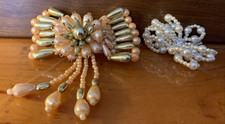 Vintage 80's Hair Clip Bow Barrette Pearl Beads Accessory Peach Gold Tone  JJ