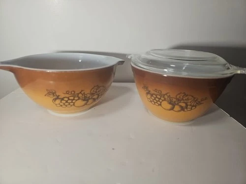 Vtg Set Pyrex OLD ORCHARD Fruit Gold Brown Mixing Nesting #401 ƹ Bowls W/lid