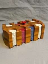 Vintage Wooden Poker Chip Set w/ Bakelite Handle Caddy  Chips