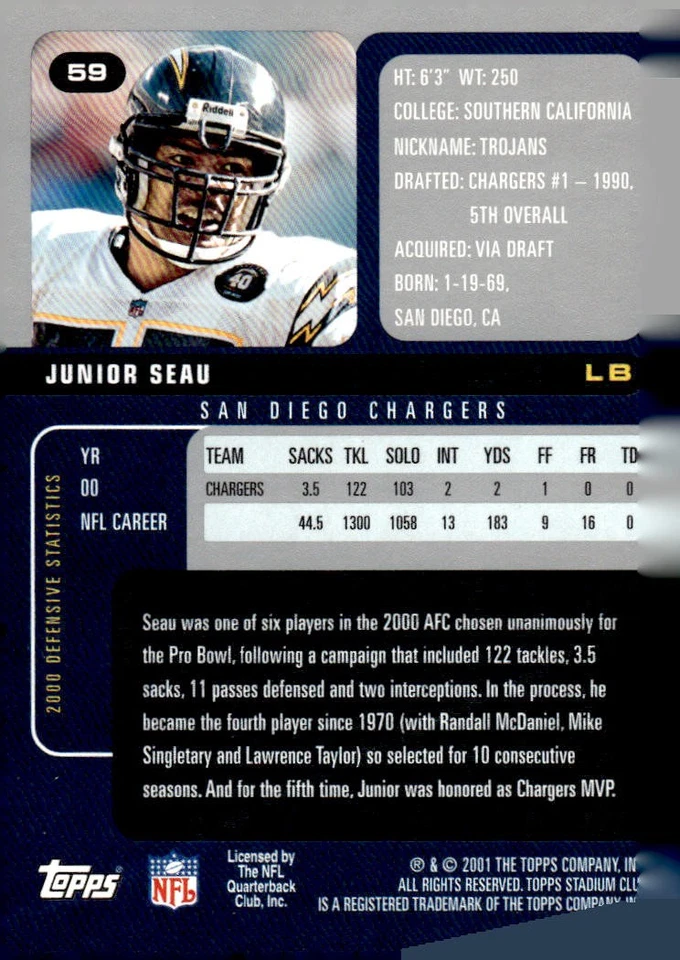 2001 Stadium Club #59 Junior Seau - Image 2 of 2