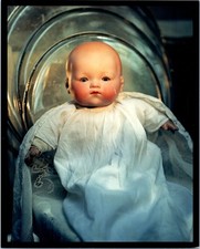 1990s Baby Doll Realistic Creepy Porcelain Blue Eyes Vintage Photo