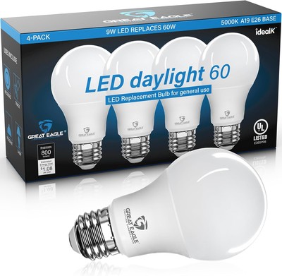 Great Eagle A19 LED Light Bulbs 60 Watt 4 Count (Pack of 1), 5000k Daylight 