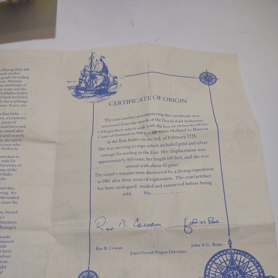 1735 Dutch East Indiaman Vliegenthart Shipwreck Spanish Cob w/ Blanchard Holder - Image 3 of 4