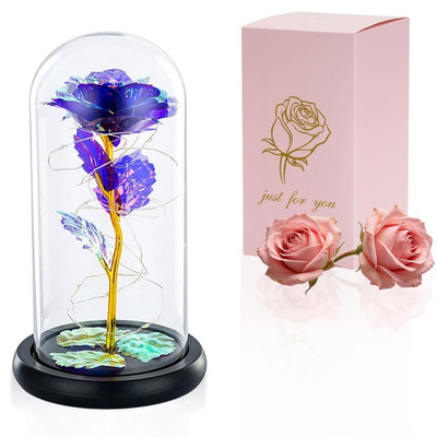 Rose In Glaskuppel LED-Lichter Kristallrose Blumen Geschenk Zum Geburtstag Jubil