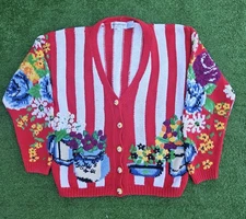 Vintage The Eagles Eye Garden Floral Grandma Striped Cardigan Sweater Size Large