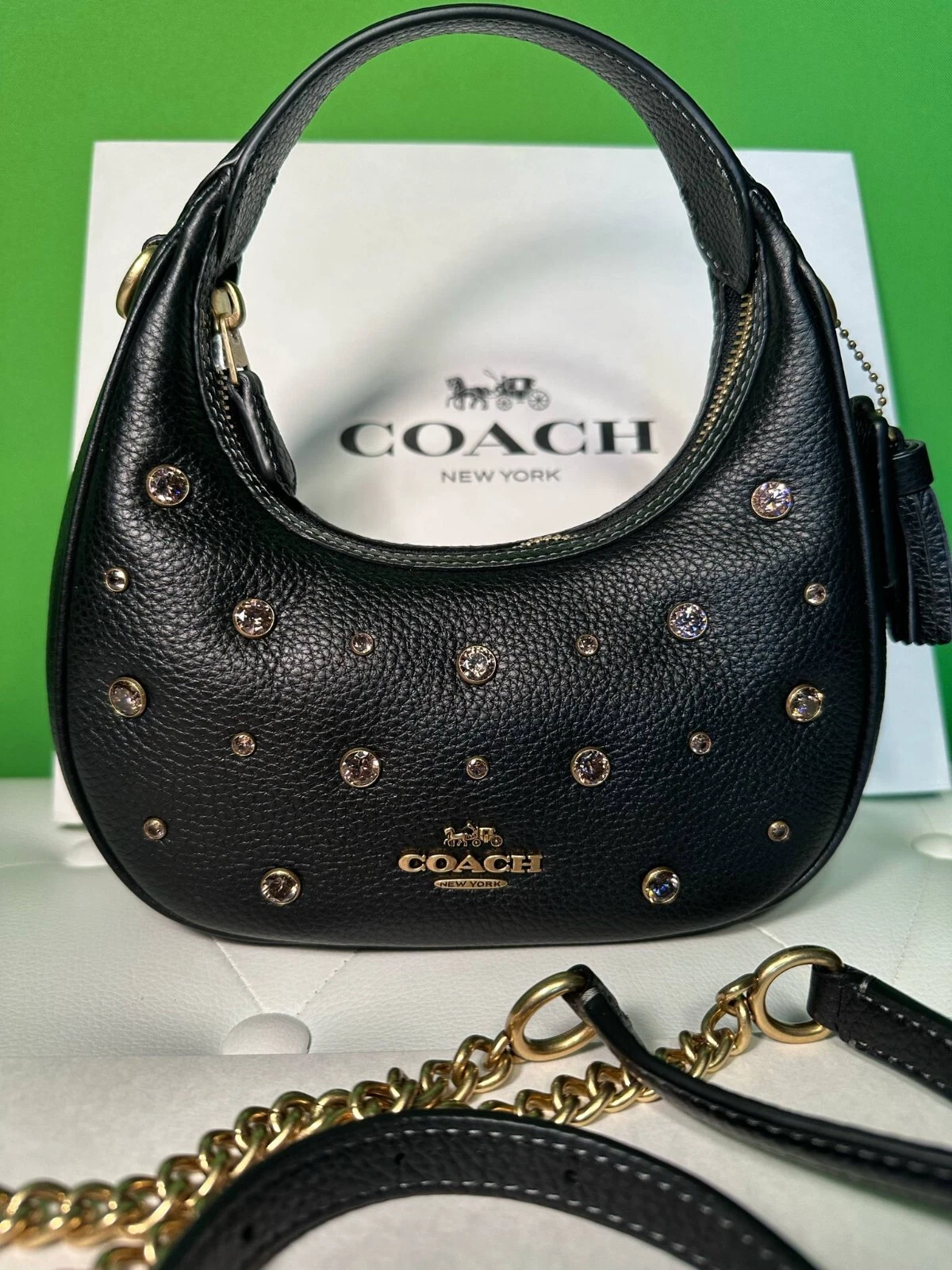 NUOVO! + ETICHETTE! BORSA COACH DONNA PELLE CRISTALLI BORCHIATA TRACOLLA NERA CAK87