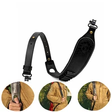 TOURBON Black Leather Rifle Sling Finger Rest Strap+Gun Mount Swivel