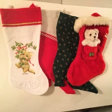 Lot of 4 Christmas stockings kitten boot style teddy bear hanger multicolor