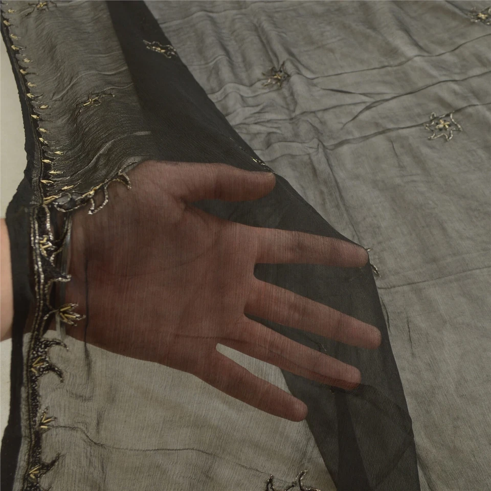 Bufandas Sanskriti Vintage Largas Negras Dupatta/Estola Pura Gasa Seda Cuentas a Mano Foto 4 de 4