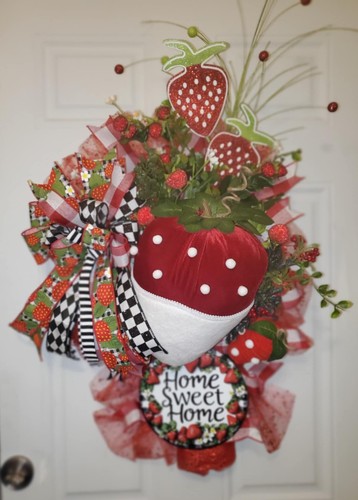 Handmade Large 26" Red Strawberry Spring Home Sweet Home Door Swag Wreath Decor